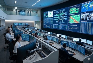 Airport Operations Control Centre with AI dashboards and operations staff