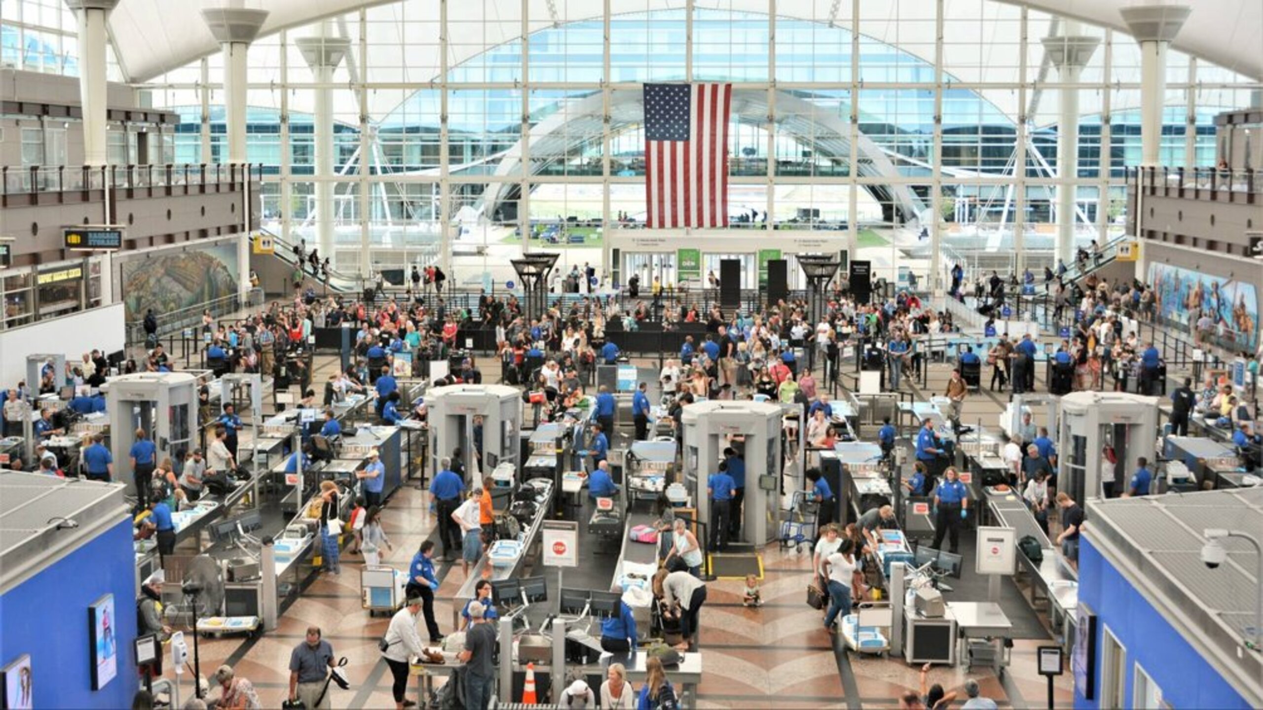 Airport security checkpoint passenger flow illustration