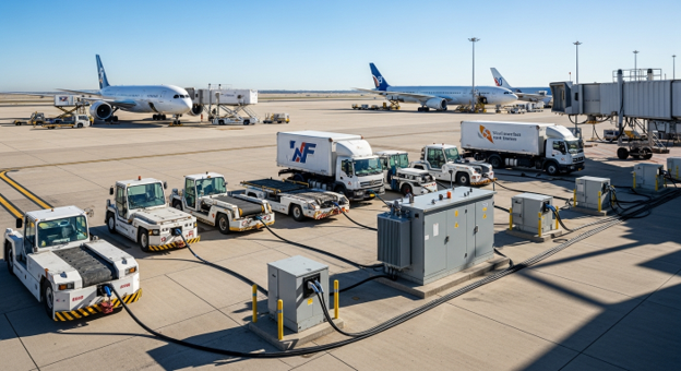 Airport electric ground support equipment EV charging load profile management